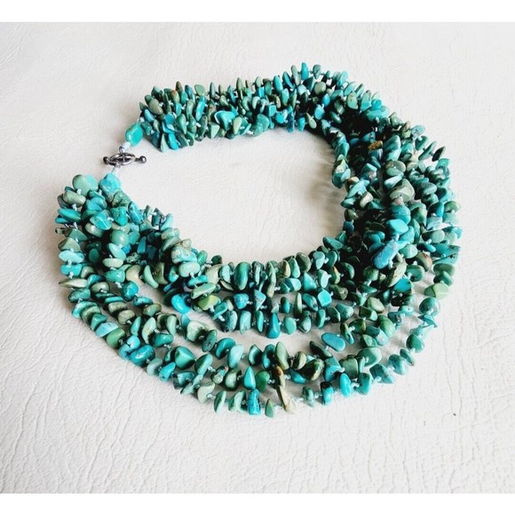 Vintage 925 Sterling Genuine TURQUOISE Chip 8 Strand Necklace Toggle Clasp - Picture 5 of 9